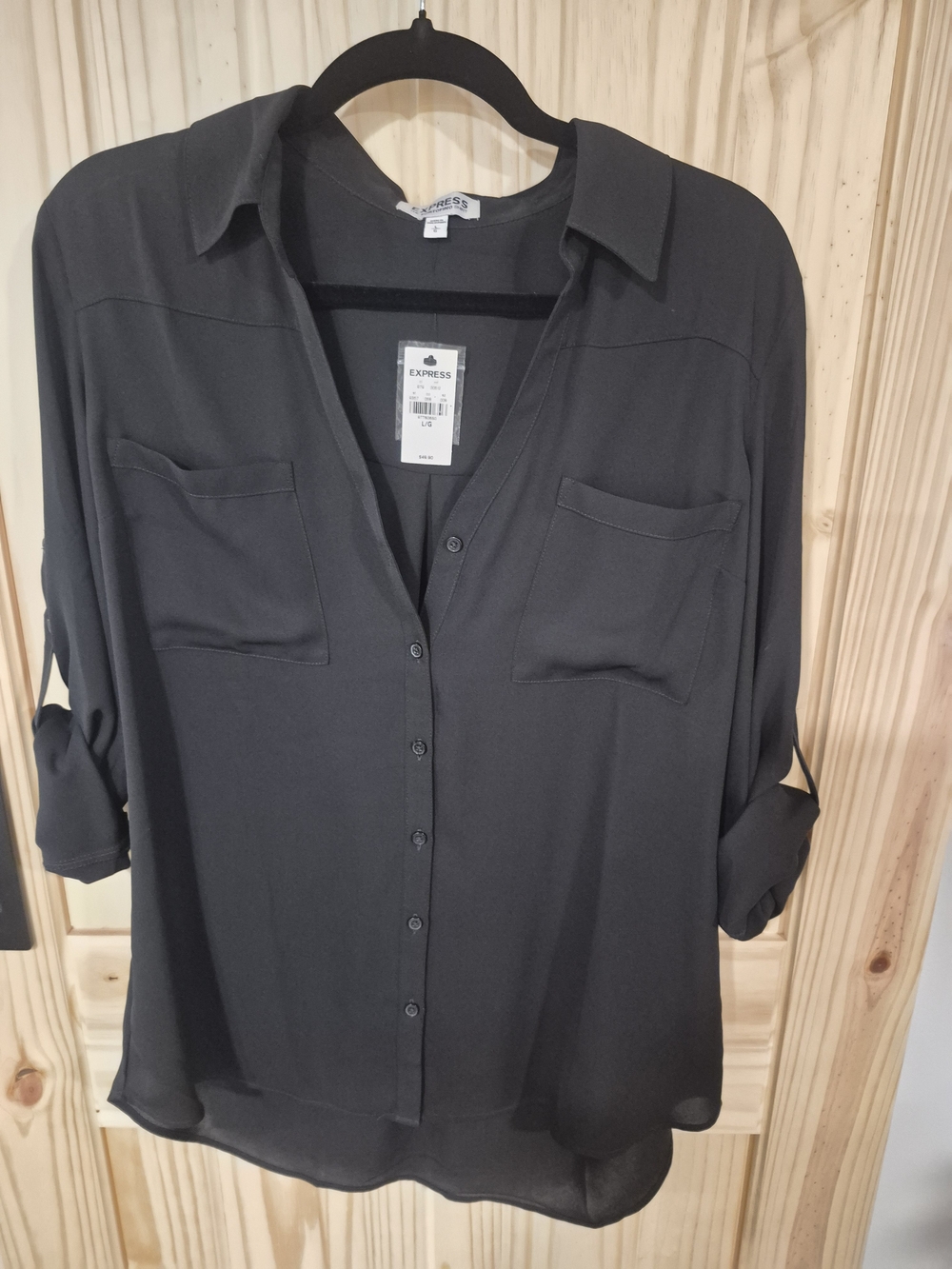 Express Black Roll-Tab Button-Front Blouse